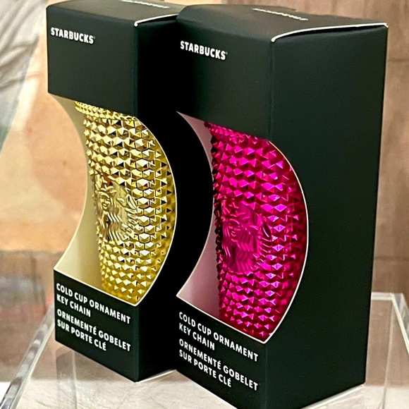 🩷💛NWT Set 2 Starbucks 2022 Holiday Metallic Bling Tumbler Key Chain Ornaments - Picture 2 of 6